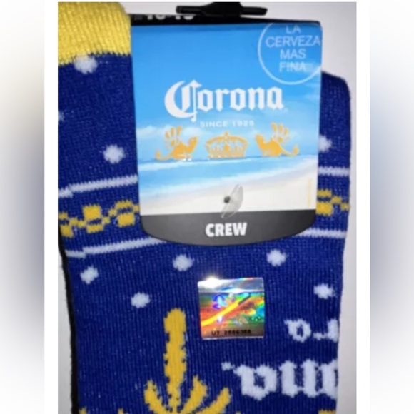 Corona Extra Beer Crew Socks 1 Pair Men 8-12 Blue Yellow w Logo Cerveza Mas Fina - Picture 5 of 11